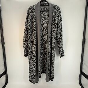 Domani Women Animal Print Long Open Front Cardigan Sweater Gray 3X Duster